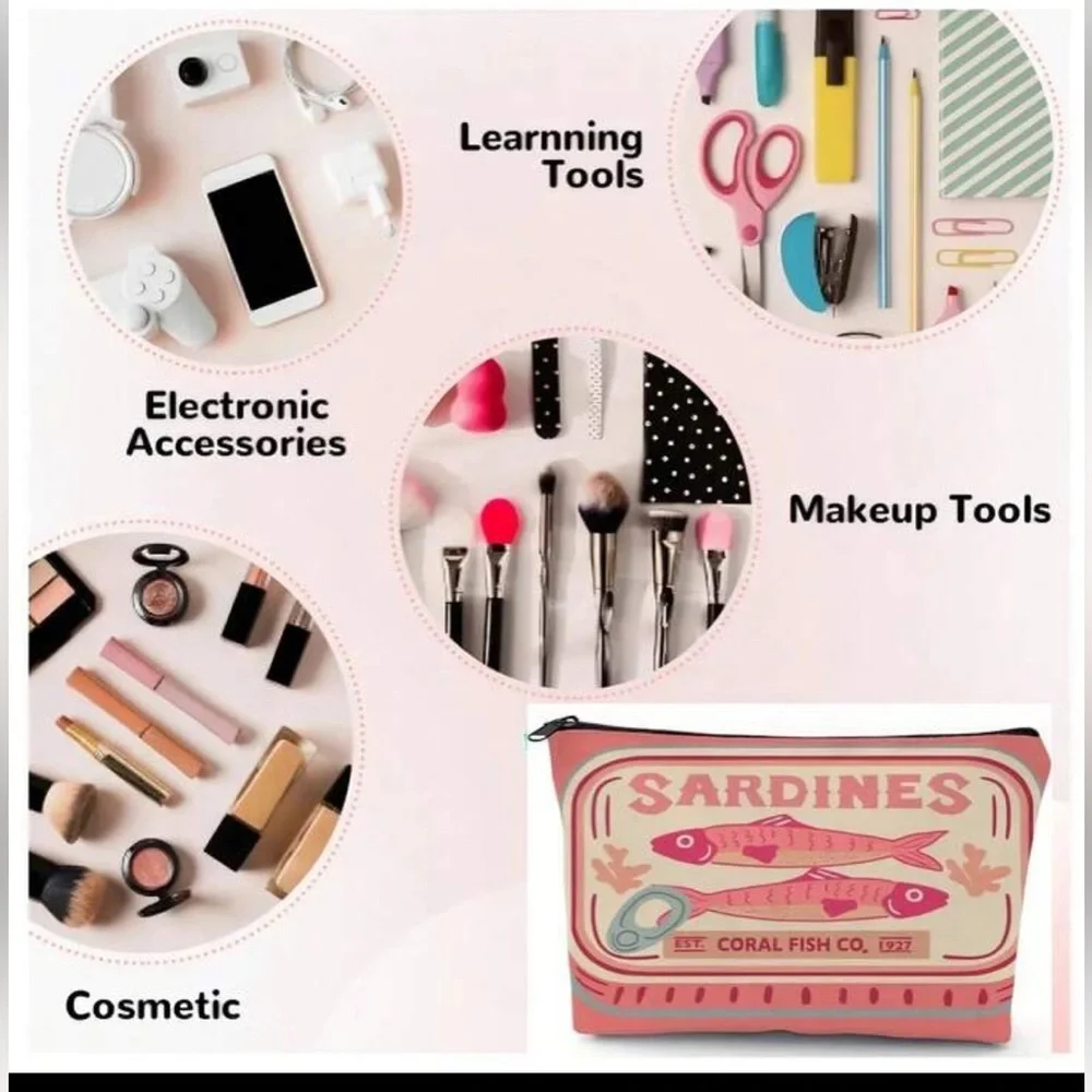 New Pink and Cream Sardines Make Up Carryall Canvas Zip Top Pouch OS - Picture 2 of 15